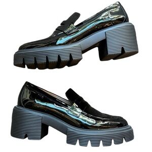 NWOT Stuart Weitzman Soho Patent Leather Sole Block Heel Platform Penny Loafers